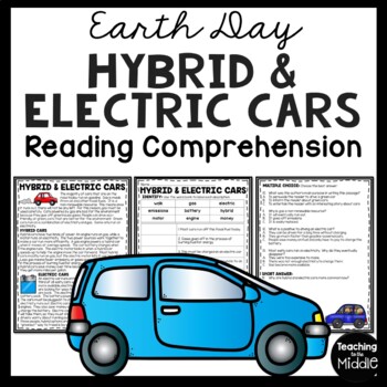 Preview of Hybrid and Electric Cars Reading Comprehension Worksheet Earth Day Green Cars