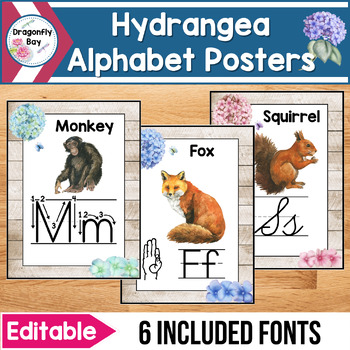 Preview of Hydrangea Alphabet Posters for Classroom Decor Back to School EDITABLE