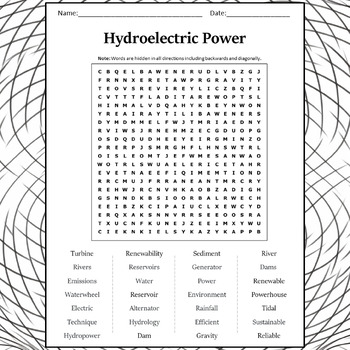 Preview of Hydroelectric Power Word Search Puzzle Worksheet Activity