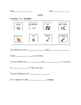 Preview of Hygiene Fill-in worksheet