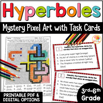 Preview of Hyperbole Color by Number Pixel Art Task Cards Activity w/ Digital Option