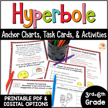 Preview of Hyperbole Lesson Activities: Anchor Charts, Task Cards, and Worksheets