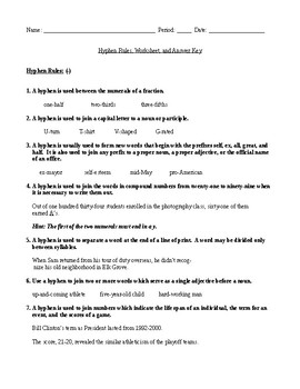 Preview of Hyphen Rules, Review Worksheet, and Answer Key