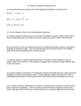 Preview of Hypothesis Testing with Proportions Worksheet #1