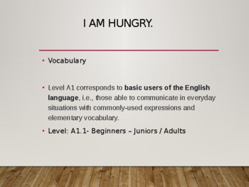 Preview of I Am Hungry / Vocabulary / Level: A1.1 / Beginners / EFL / ESL / 38 PPT Slides