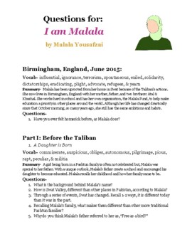 Preview of I Am Malala Lesson plan- Vocab, comprehension, & Writing extensions