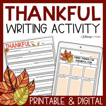 Preview of I Am Thankful For Writing Activity | Thanksgiving Writing | Printable & Digital