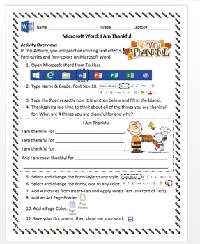 Preview of I Am Thankful Poem November Microsoft Word Activity Windows 8/8.1