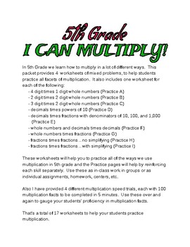 Preview of I CAN MULTIPLY! 5th Grade - Practice with fractions/decimals/whole numbers 17pgs