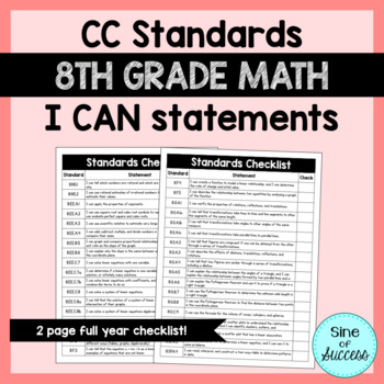 Preview of I CAN STATEMENTS 8th Grade Math Common Core Standards