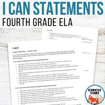 Preview of I CAN Statements 4th Grade Assessments CCSS  Common Core