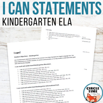Preview of Kindergarten I Can Statements CCSS ELA Assessments Common Core