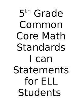 Preview of I CAN Statements for 5th Grade Math Standards Common Core ELL