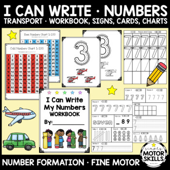 Preview of I CAN WRITE NUMBERS - Transport Theme - Handwriting Packet