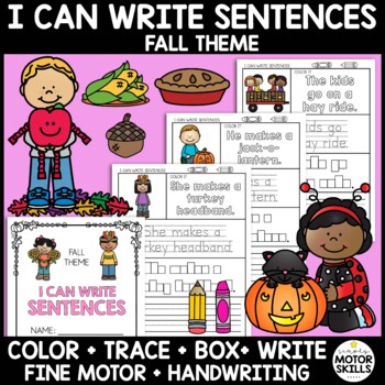 Preview of I CAN WRITE SENTENCES - Fall Theme - Color, Trace, Box, Write - Handwriting