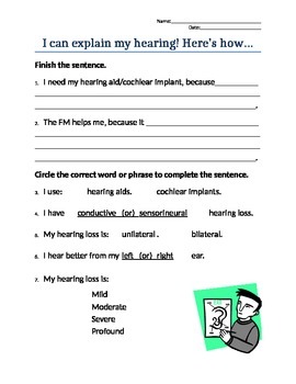 Preview of I Can Explain My Hearing Loss! self-advocacy worksheet