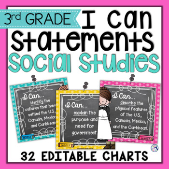 Preview of I Can Statements | 3rd Gr. SOCIAL STUDIES | Editable - Chalkboard & Polka Dot