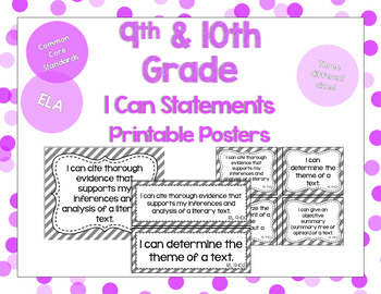 Preview of 9th and 10th Grade ELA I Can Statements for CCSS Standards (Gray Stripes)