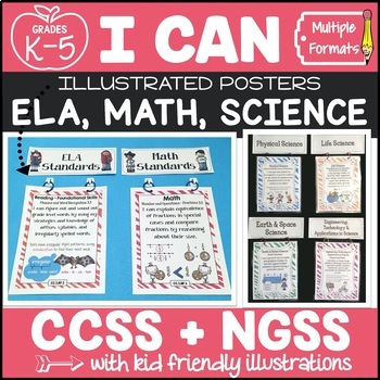 Preview of I Can Statements Grades K-5: Math, ELA, & Science {CCSS + NGSS} Posters Bundle