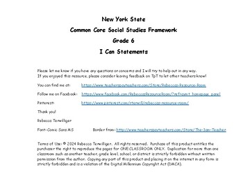 Preview of I Can Statements New York Common Core Social Studies Grade 6 Plan Book List