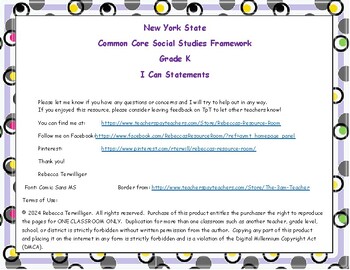 Preview of I Can Statements New York Common Core Social Studies Grade K