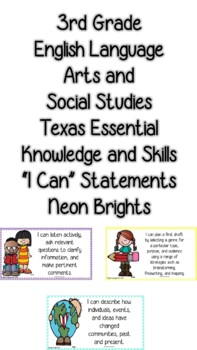 Preview of I Can Statements for 3rd Grade ELA and Social Studies (Neon Brights)