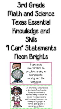 Preview of I Can Statements for 3rd Grade Math and Science (Neon Brights)