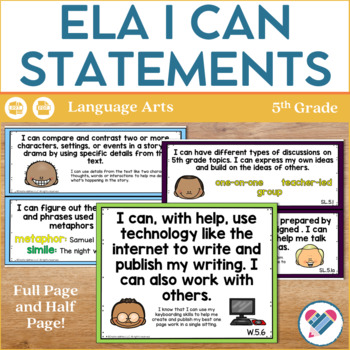 Preview of I Can Statements 5th Grade ELA | Editable Objectives