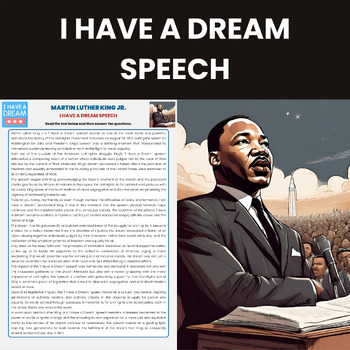 Preview of Martin Luther King Jr I Have A Dream Speech Reading Comprehension Worksheet