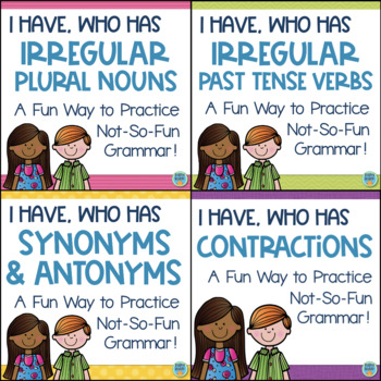 Preview of I Have Who Has Contractions Irregular Past Tense Plurals Synonyms Game BUNDLE