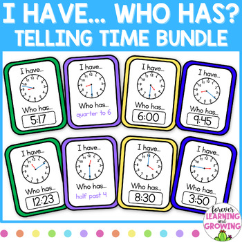 Preview of I Have... Who Has? Cards for Telling Time BUNDLE