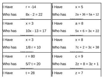 Preview of I Have, Who Has Game - Algebra - Evaluate Expressions 5