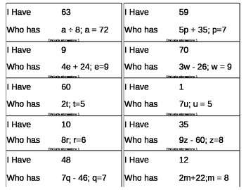 Preview of I Have, Who Has Game - Algebra - Evaluate expressions 1