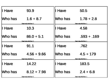 Preview of I Have, Who Has Game - Decimals - Addition 1