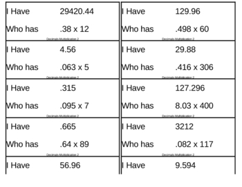 Preview of I Have, Who Has Game - Decimals - Multiplication 2