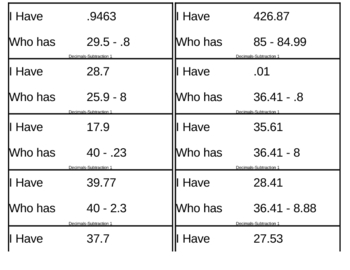 Preview of I Have, Who Has Game - Decimals - Subtraction 1