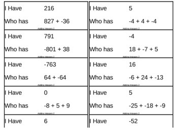 Preview of I Have, Who Has Game - Integers - Addition 2
