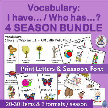 Preview of I Have Who Has Games 4 SEASONS Vocabulary Activities and Vocabulary Practice