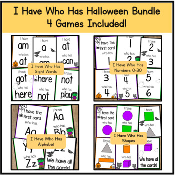 Preview of I Have Who Has Halloween Game! Letters, Numbers, Sight Words, and Shapes. Kinder
