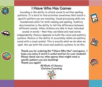 Preview of I Have Who Has Long Vowel Spelling Sound Patterns Card Game