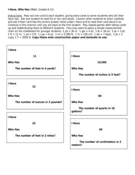 Preview of "I Have, Who Has" Math Measurement Game