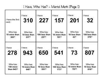 "I Have, Who Has" - Mental Math, Adding And Subtracting 10 And 100 (2Nd Grade)