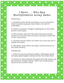 I Have . . . Who Has? Multiplication Array Game by Math Minds | TPT