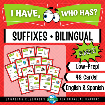 Preview of I Have, Who Has SUFFIXES Bilingual Bundle | Reading Cooperative Game Center