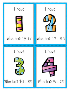 Preview of I Have Who Has - Subtraction Game to 20