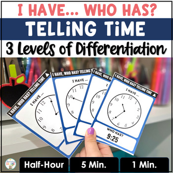 Preview of I Have Who Has Telling Time to the Half-Hour, 5 Minute & 1 Minute Differentiated