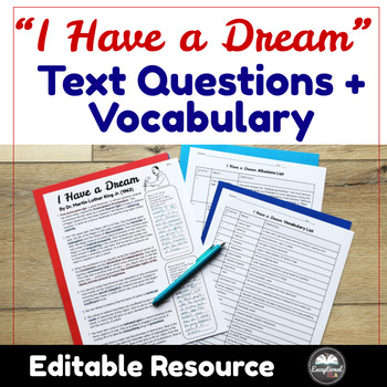 Preview of I Have a Dream Text Questions + Vocabulary - MLK Day - Black History Month