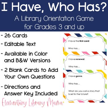 Preview of "I Have...Who Has...?" Library Orientation Game