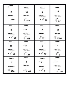 Preview of I Have...Who Has... Square and Cubic Roots