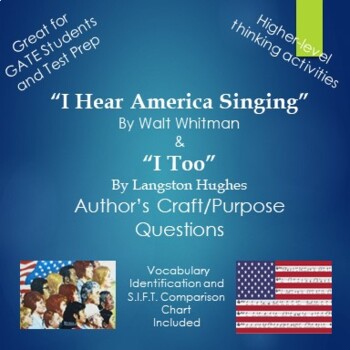 Preview of I Hear America Singing and I Too Author's Purpose Questions and Comparison